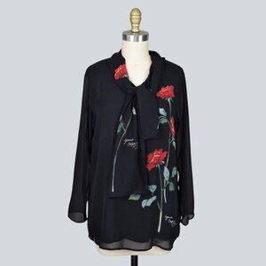 CAROL PATTERSON VINTAGE SILK ROSE SCARF-DETAIL BLOUSE TUNIC